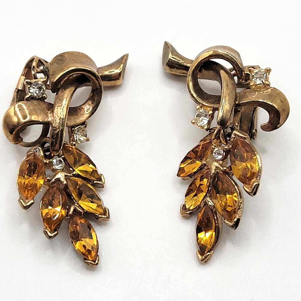 VTG "Crown" Trifari Topaz & Clear Rhinestone Earrings | SIGNED | 1930s - 1940s - Picture 1 of 12